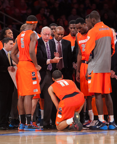 Jim Boeheim talks to the team during a timeout. 