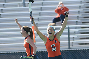 Alyssa Manley celebrates a goal in Syracuse's 9-1 rout of Cornell on Oct. 4. SU scored seven second-half goals.