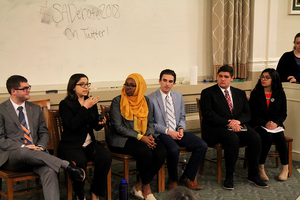 (From left to right) Ryan Houck, Kaitlyn Ellsweig, Ghufran Salih, Kyle Rosenblum, John Jankovic and Serena Fazal, all Student Association presidential or vice presidential candidates, gathered in Maxwell Auditorium on Monday to participate in the first debate of the spring 2018 election. 