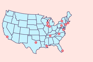 The number of dots does not signify the number of peer institutions. Certain points overlap due to proximity of some schools.