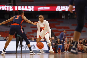 Dyaisha Fair sizes up Virginia's Taylor Valladay on Jan. 26, 2023. In Syracuse's 90-72 win over the Cavaliers, Fair notched a season-high 36 points