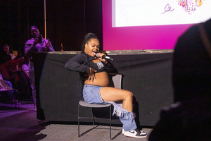 Dirty Lucciano lip syncs during the finals of the annual Pride Union drag show. Lucciano, a two-time competitor, was crowned ultimate queen of the event.
