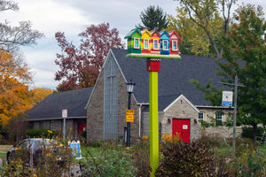 Colorful birdhouses and vibrant greenery beautify Meadowbrook Drive in Syracuse's University Neighborhood. The elements are collective efforts by residents.
