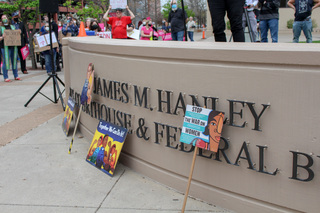 Hundreds gathered outside of the James M. Hanley Courthouse and Federal Building to protest the overturning of Roe v. Wade. 