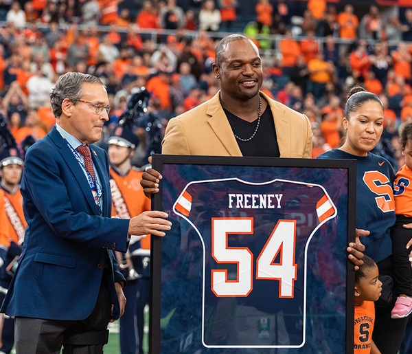 Syracuse retires Dwight Freeney's No. 54 jersey at halftime of SU's win over GT